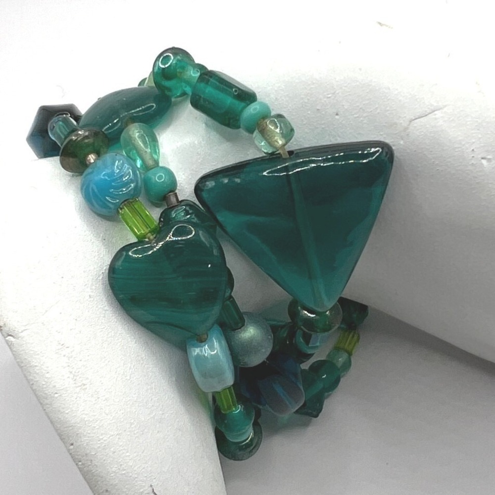 Glass Stone Bracelet Green and Blue Three Strand Toggle Closure